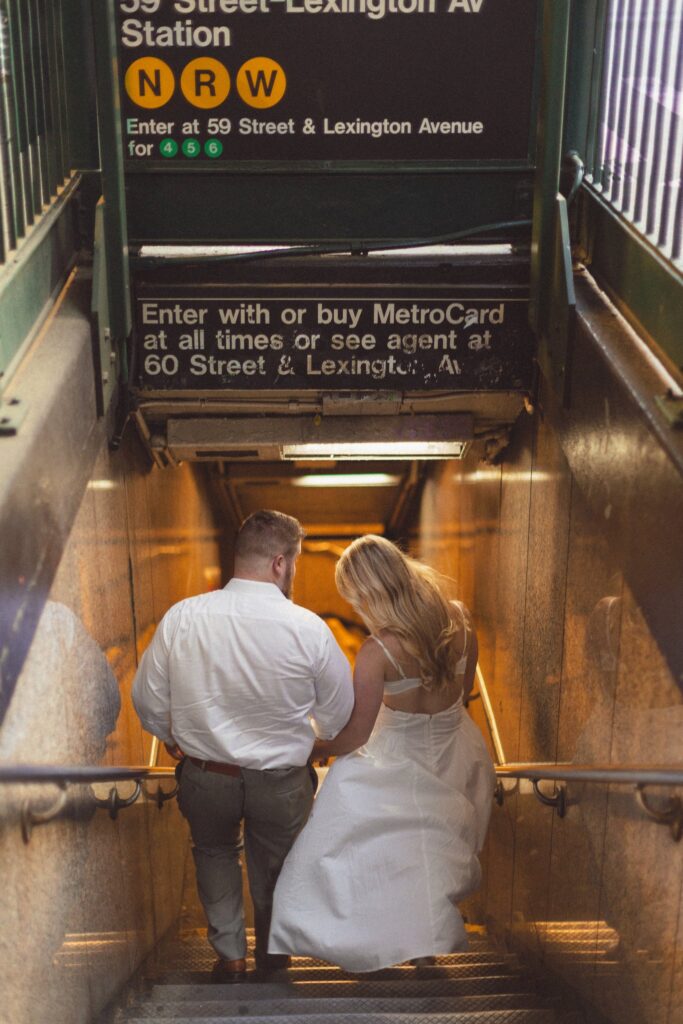 Walking to the subway in NYC engagement photos